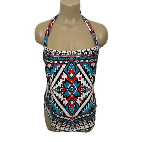 BECCA Tankini Top Womens size Large Bra Shelf Padding Southwest Design Blue Red - Picture 2 of 11
